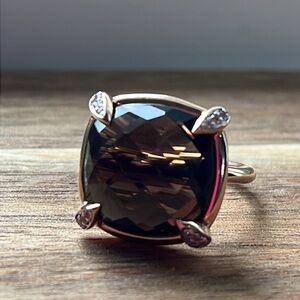 14k solid rose gold, Smokey Quartz and White Sapphire Cocktail Ring - Size 7